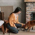 室内で女性に寄り添う柴犬